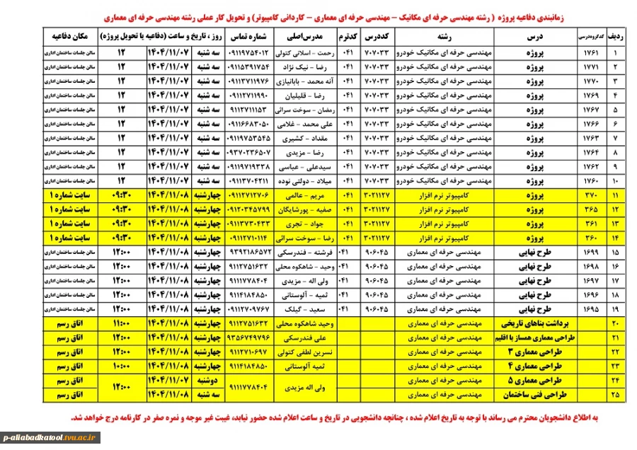 اطلاعیه زمانبندی دفاعیه پروژه  ( رشته مهندسی حرفه ای مکانیک - مهندسی حرفه ای معماری - کاردانی کامپیوتر) وتحویل کار عملی رشته مهندسی حرفه ای معماری  2